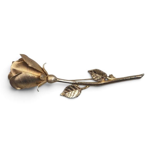 Unbranded Jewelry - Rose Brooch Women OS Gold Textured Long Stem Floral Pin